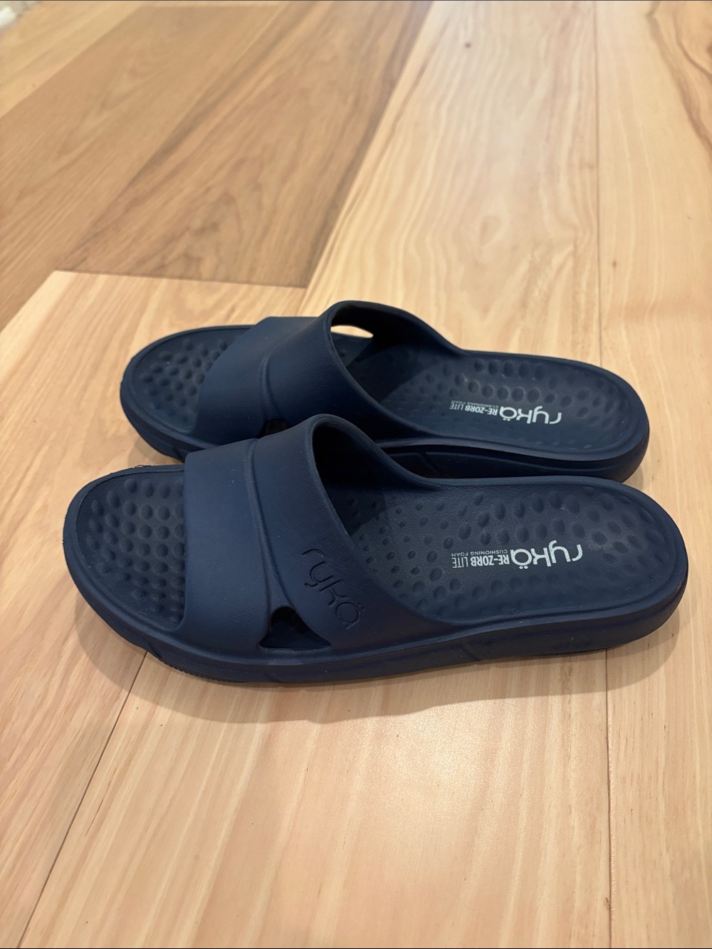 Like NEW Ryka Restore Slide Navy Blue Recovery Sandal with Textured Footbed - 10